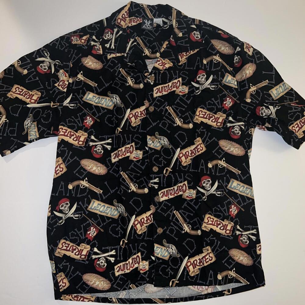 Sea Wolf Men's Med. Hawaiian Pirates Print Cotton Button‎ Up Shirt Made In USA